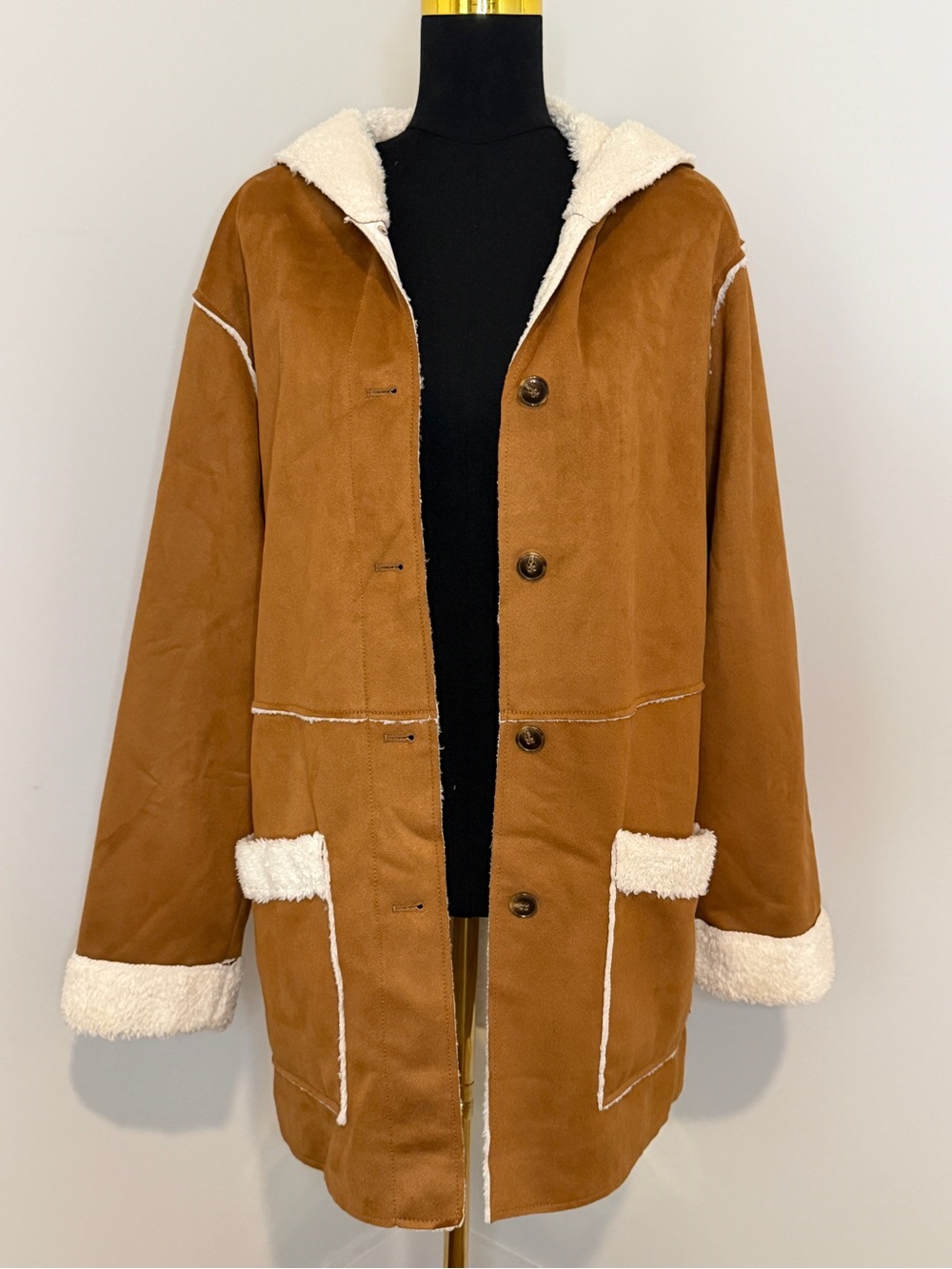 VENUS Chestnut Faux Suede Hooded Shearling-Trim Coat